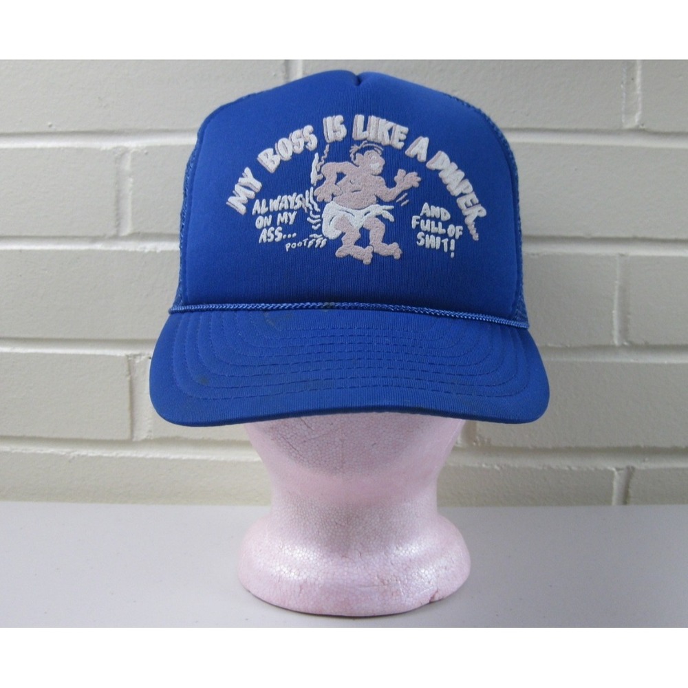 Vintage 80s Funny Mesh Trucker Hat "My Boss is Like a Diaper" Office Humor